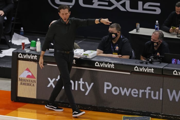 Head Coach Quin Snyder with the call from the sidelines